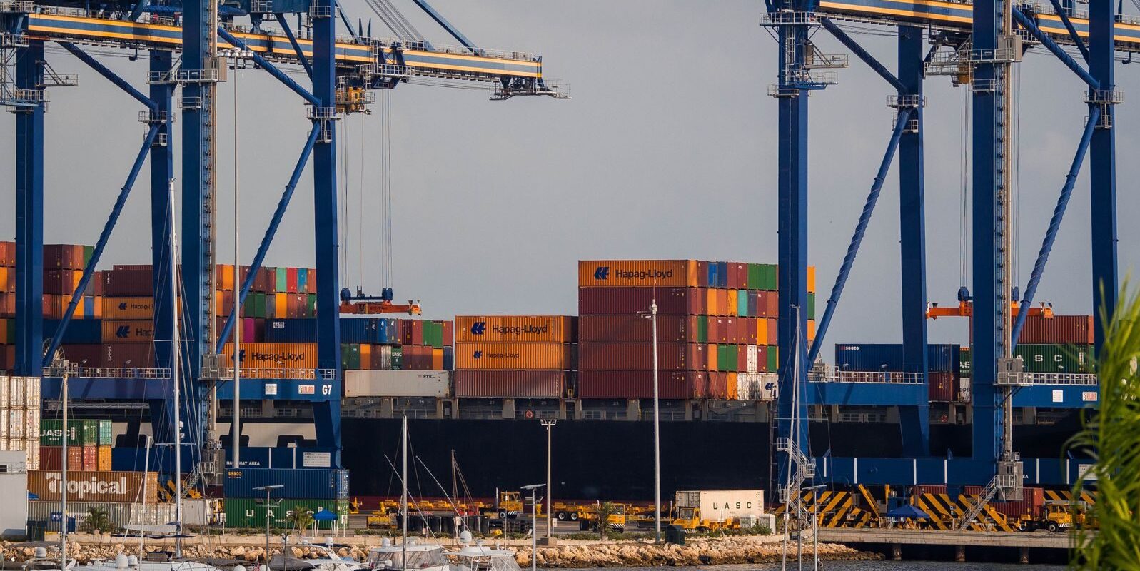 Busy industrial port showcasing cargo cranes and colorful shipping containers.