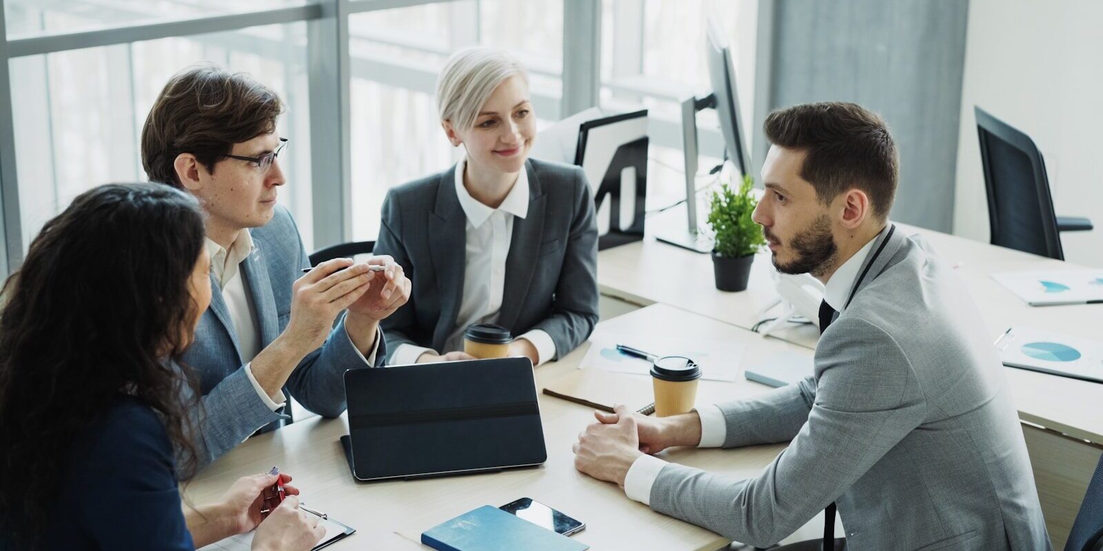 Diverse business team collaborating in a modern office