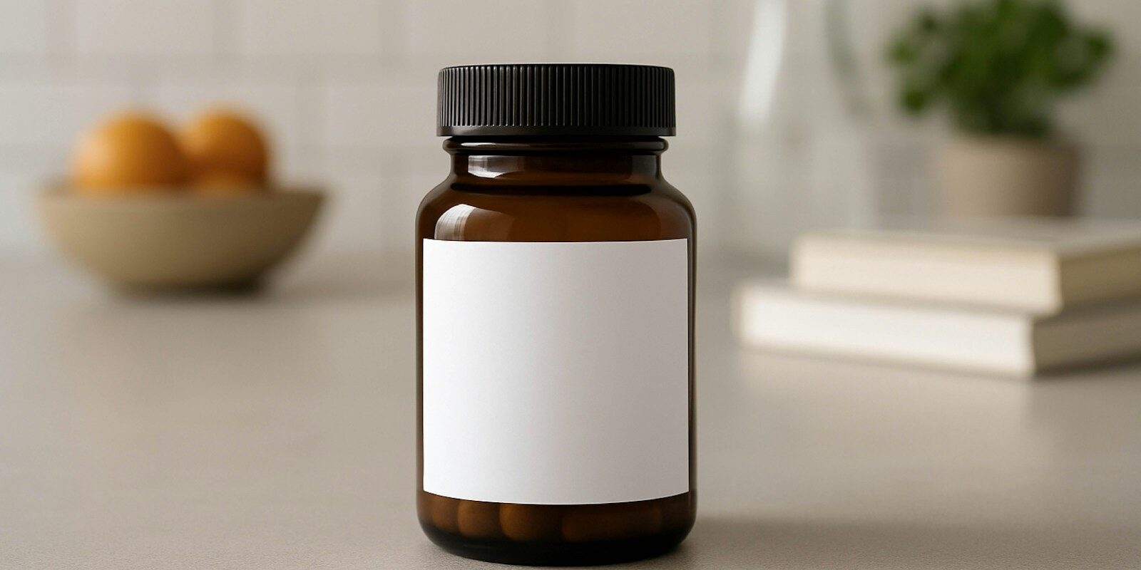 Amber bottle with white label on counter
