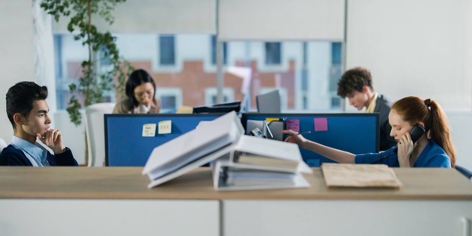 Contemporary office setting with diverse employees working diligently at their cubicles.