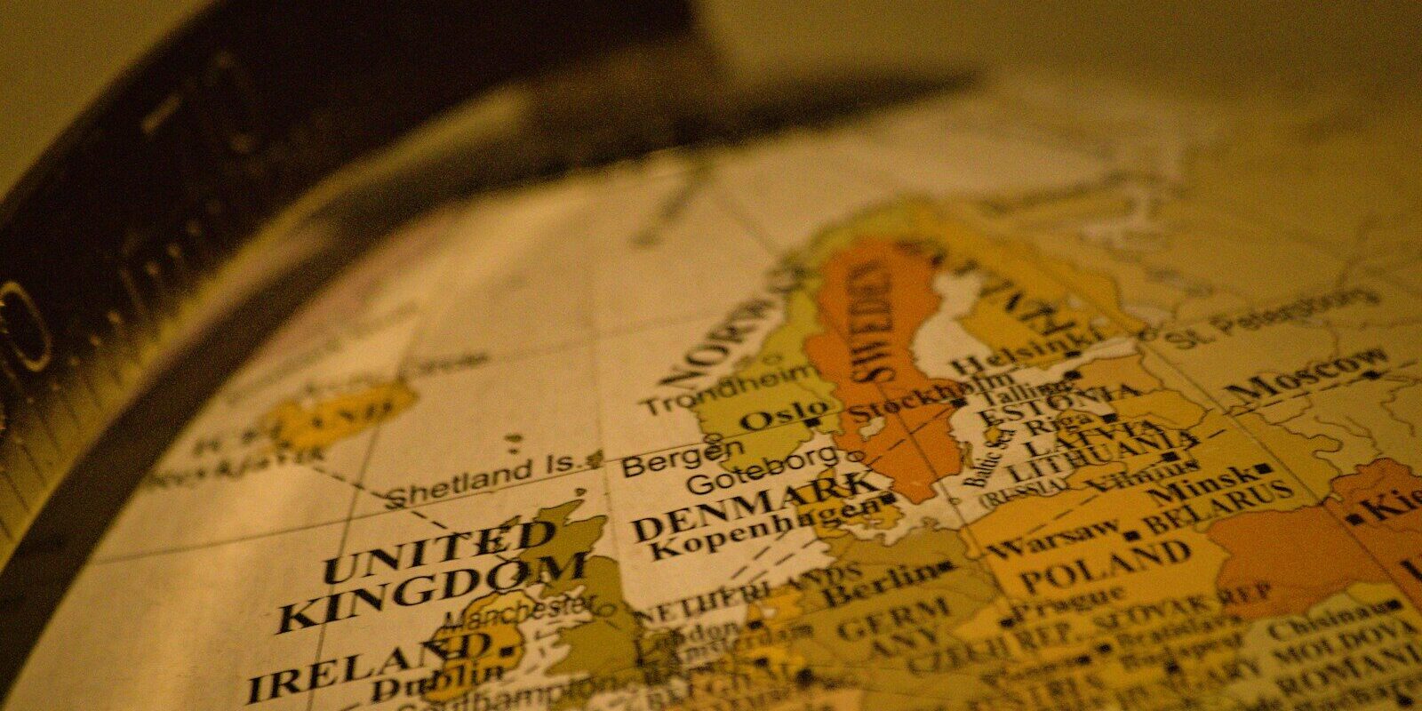 Close-up of a vintage globe showing europe