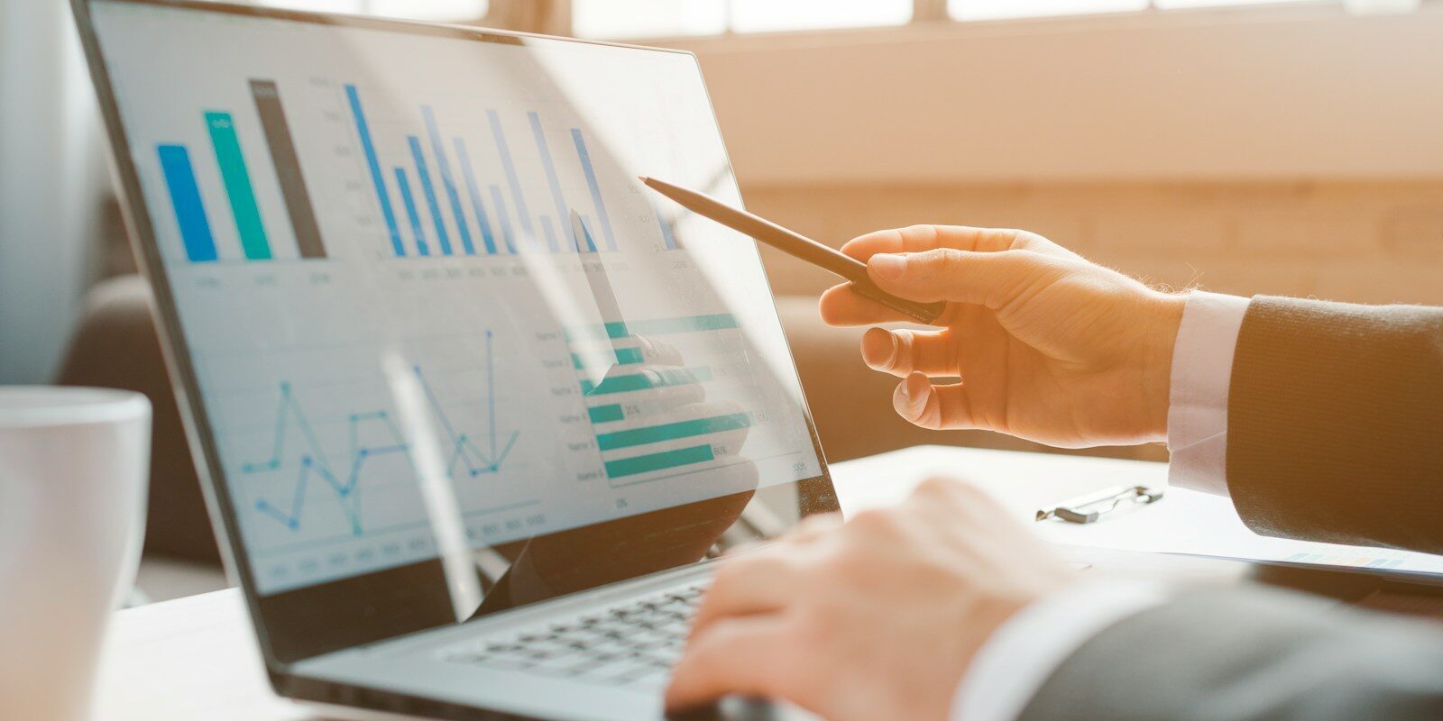person analyzing business charts on laptop