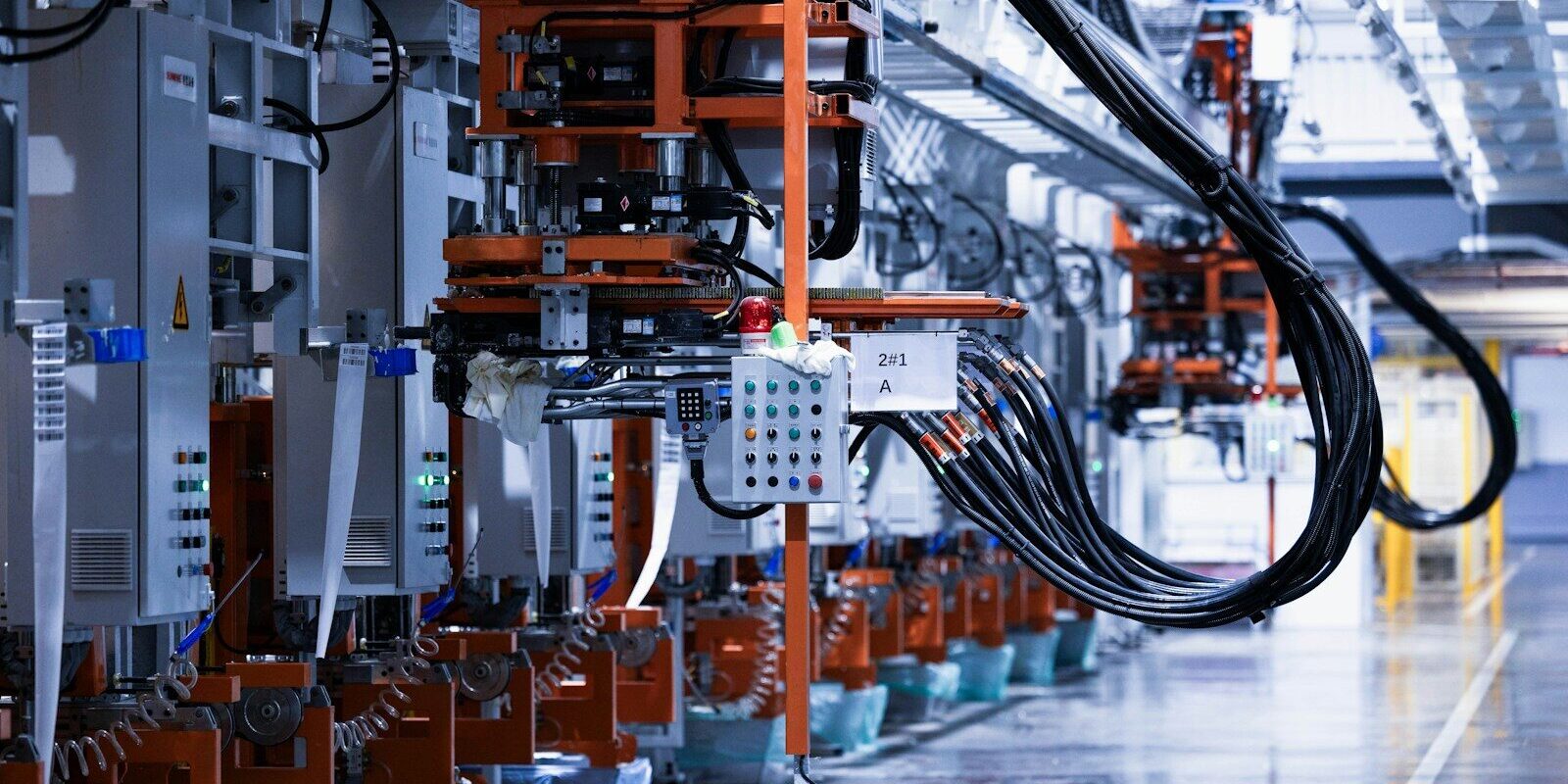 a line of electrical equipment in a factory