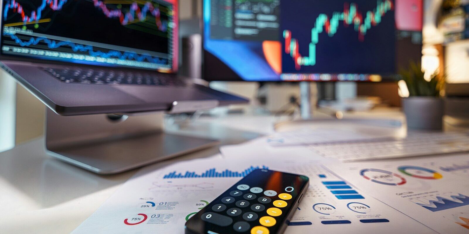 smartphone calculator on desk with financial charts behind